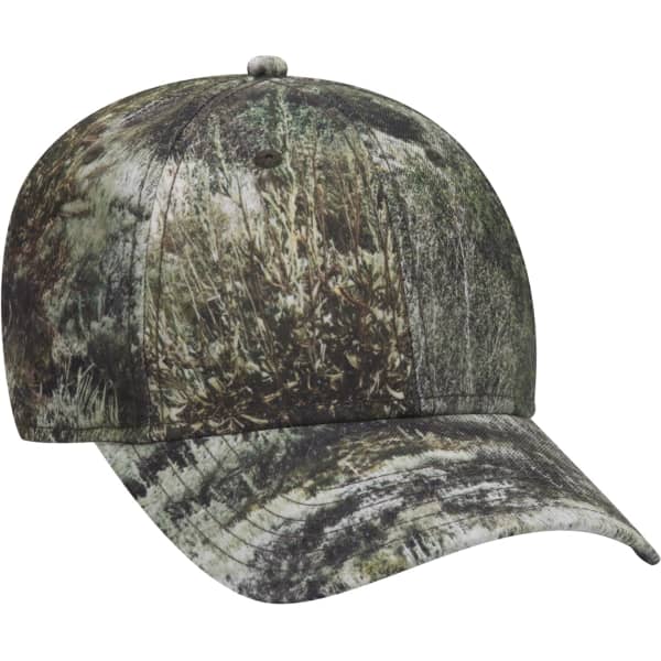 A camouflage baseball cap with a six-panel design, featuring a rounded crown and curved brim. Includes a logo.