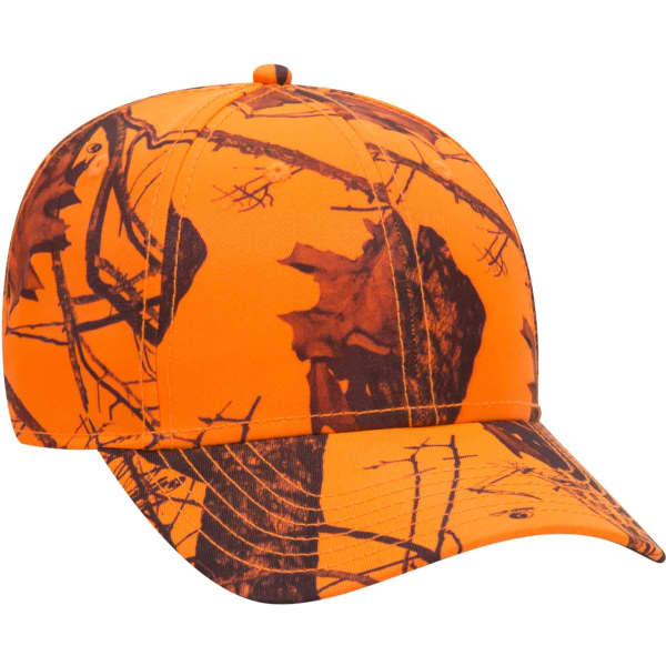 An orange camouflage baseball cap featuring a six-panel design and a brand logo.
