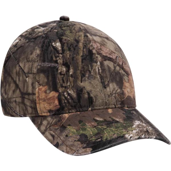 A camouflaged baseball cap featuring a 6-panel design and a logo, suitable for outdoor wear.