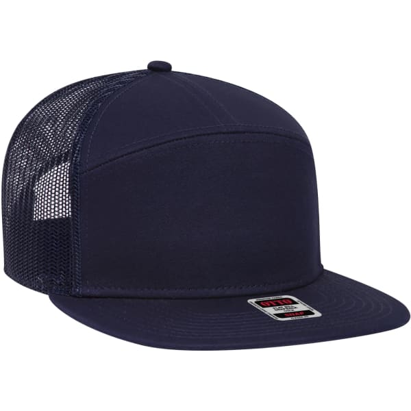 A navy 7-panel trucker snapback hat featuring a mesh back and a logo detail on the front.