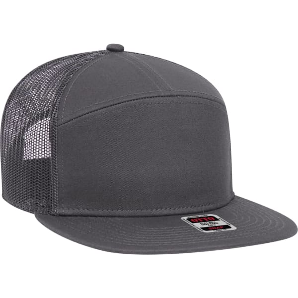 A grey 7 Panel Trucker Snapback Hat featuring a mesh back and a front panel. It has a logo on the side.
