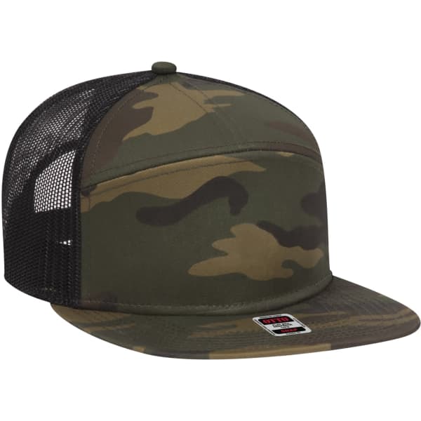 A camo-patterned trucker snapback hat with a black mesh back and a branded label on the front.