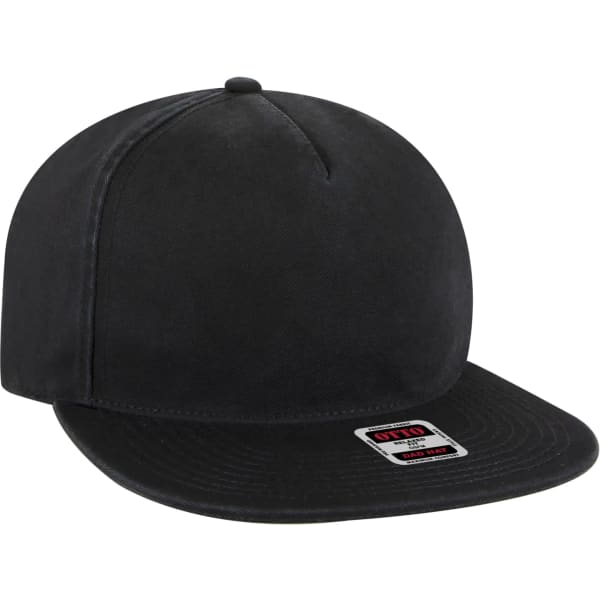 A black 5 Panel Dad Hat with a curved brim and a logo on the front. The fabric appears sturdy and smooth.