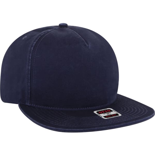 A navy 5 Panel Dad Hat with a flat brim and a logo on the front. The fabric appears smooth and durable.