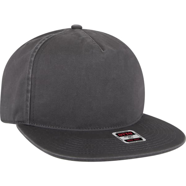 A grey 5 panel dad hat with a flat brim and a small branding label on the front.
