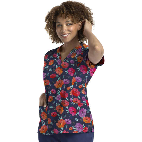 A floral print V-neck top in navy featuring vibrant pink and orange flowers, with a logo on the front.