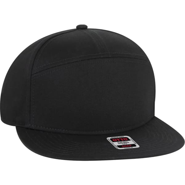 A black mid profile style mesh back trucker snapback hat with a flat brim and a logo on the front.