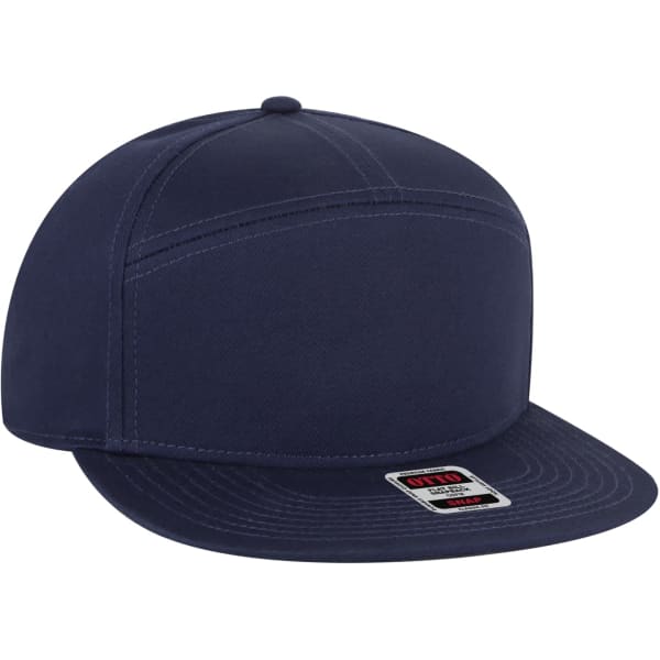 A navy blue Mid Profile Style Mesh Back Trucker Snapback Hat with a flat brim and a logo.