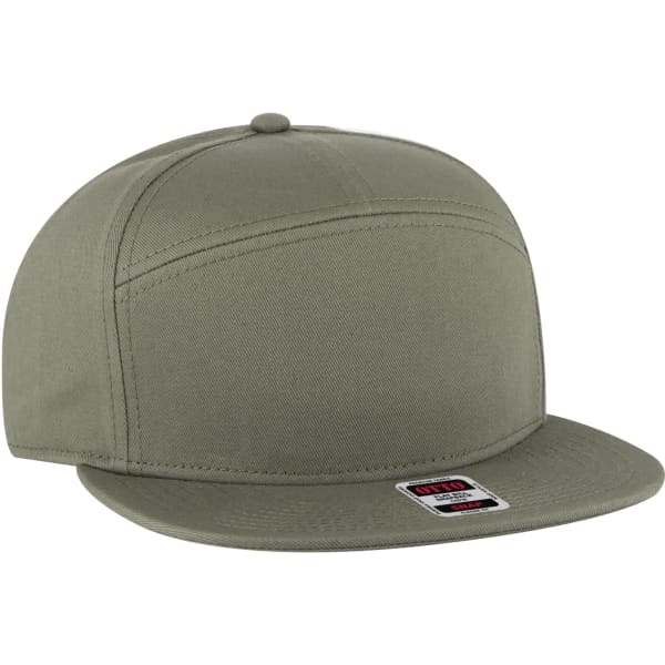 A grey mid-profile style mesh back trucker snapback hat with a flat brim and a branded tag.
