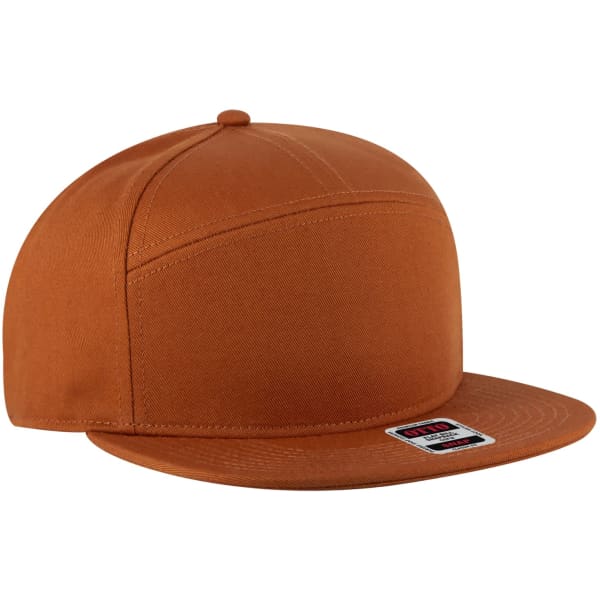 A mid-profile style trucker snapback hat in a warm orange colour with a flat brim and a mesh back.