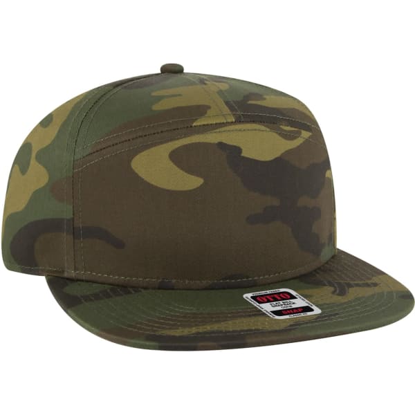 A camo-patterned trucker snapback hat with a flat brim and a branded logo on the front.