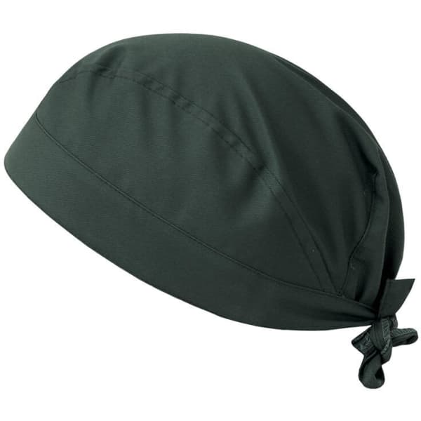 A green bandana with a tied back design, featuring a logo.