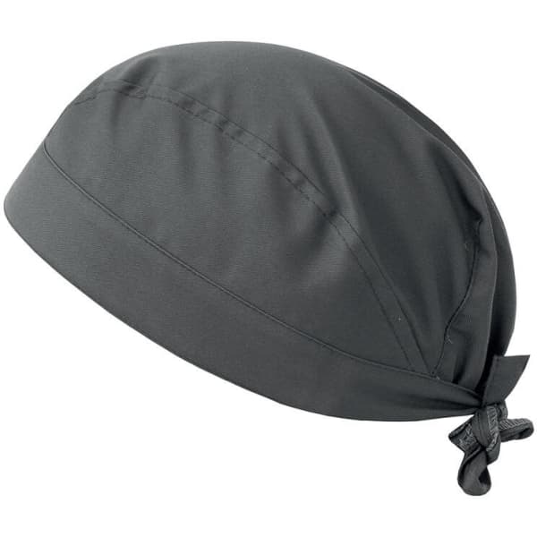A black bandana with a tied back design, featuring a smooth fabric and a rounded shape.