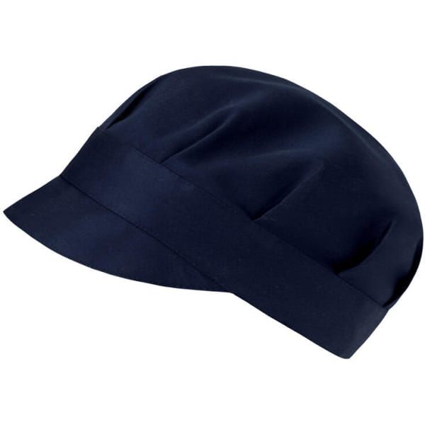 A navy blue Tommy Hat with a flat brim and gathered detailing. The hat has a simple design and features a logo.