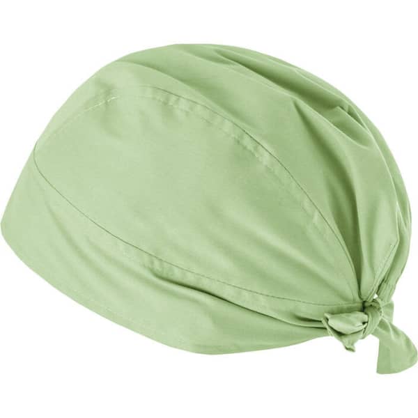 A light green bandana with a tied back style, featuring a simple, smooth fabric design and a small logo.