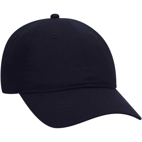 A black 6 panel baseball cap with a rounded crown and a curved peak, featuring a branded logo.