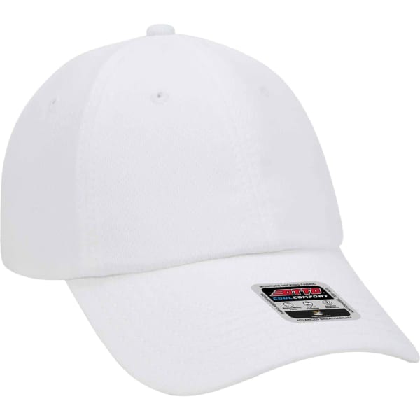 A white 6-panel baseball cap featuring a curved brim and a tag, with a logo on the front.