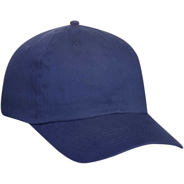 A navy blue 6-panel baseball cap with a structured front and a curved peak, featuring a logo on the front.