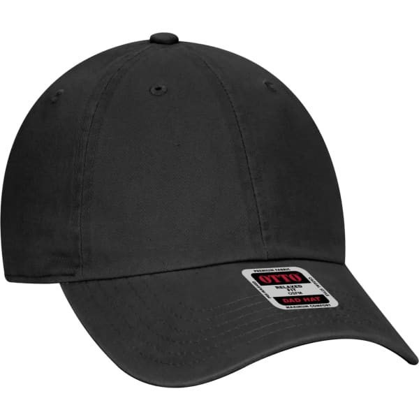 A black 6 panel dad hat featuring a curved brim and a logo on the label.