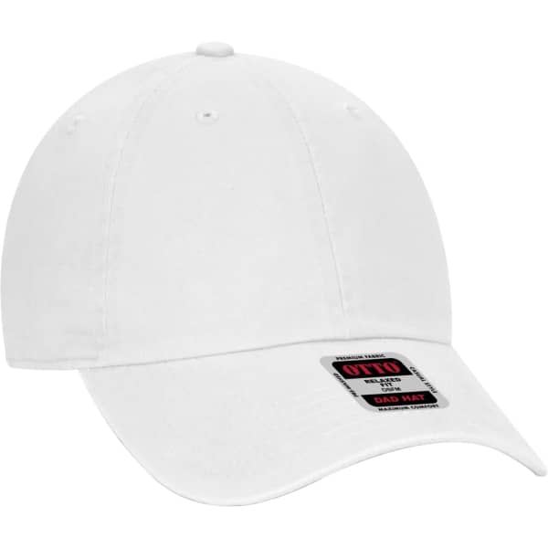 A white six-panel dad hat with a curved peak and a logo tag on the front.