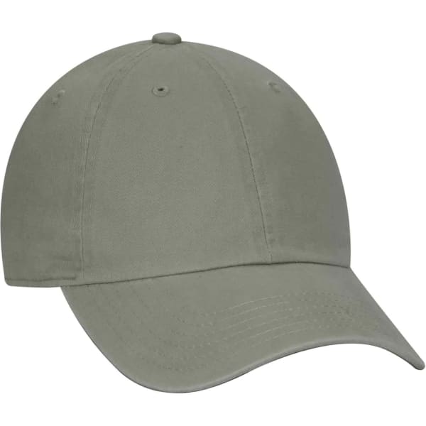 A six-panel dad hat in a muted olive green colour, featuring a curved brim and a round top.