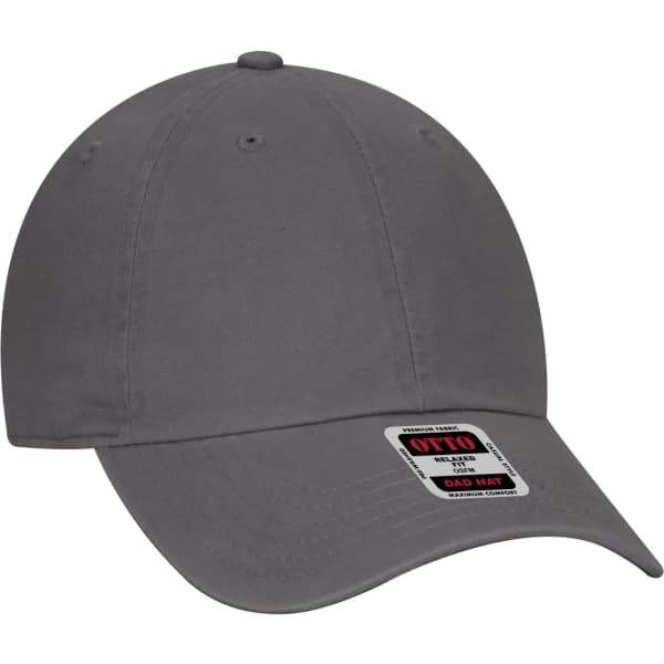 A grey 6 panel dad hat with a rounded crown and a logo on the side.
