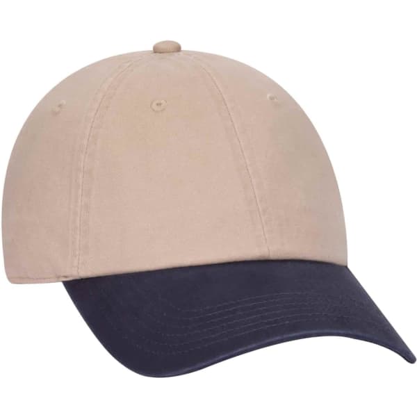 A beige and navy 6-panel dad hat featuring a curved brim and a logo.