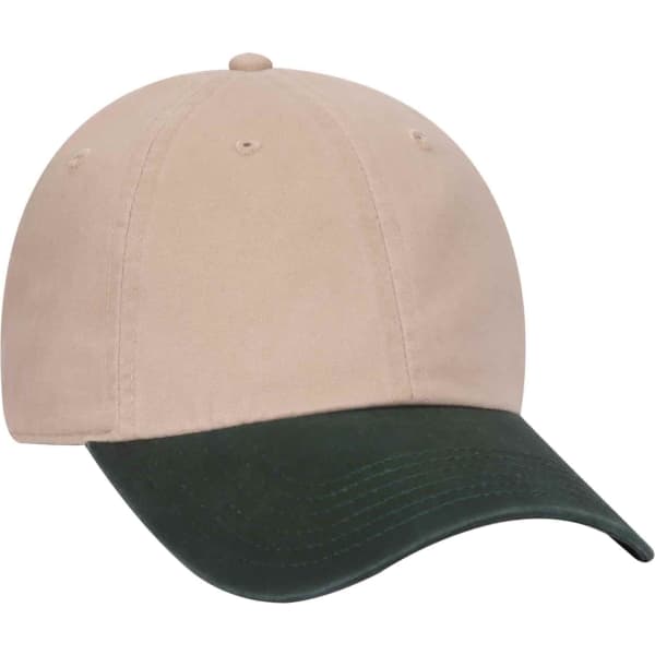 A beige 6-panel dad hat with a dark green brim, featuring a logo on the front.