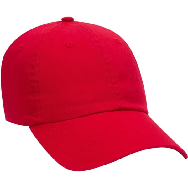 A red six-panel dad hat featuring a curved brim and an adjustable strap at the back, with a logo on the front.