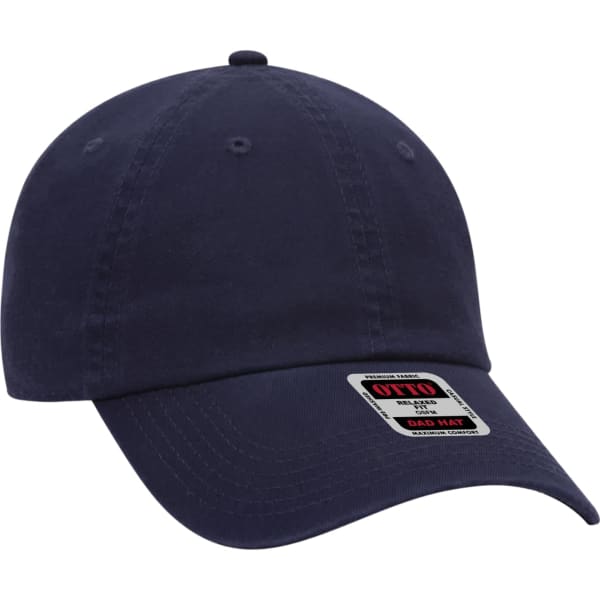A navy blue 6-panel dad hat featuring a structured crown and a curved brim, with a logo label on the side.