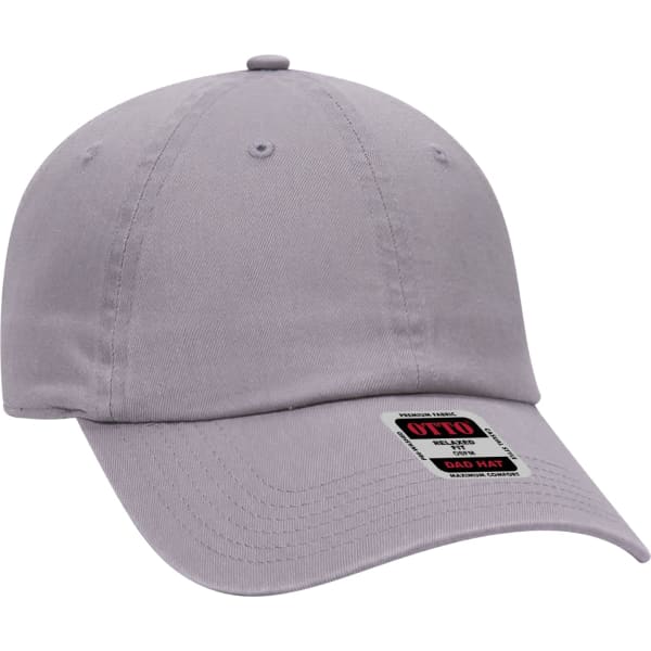 A grey 6 panel dad hat featuring a curved brim and adjustable strap, with a branding tag visible.