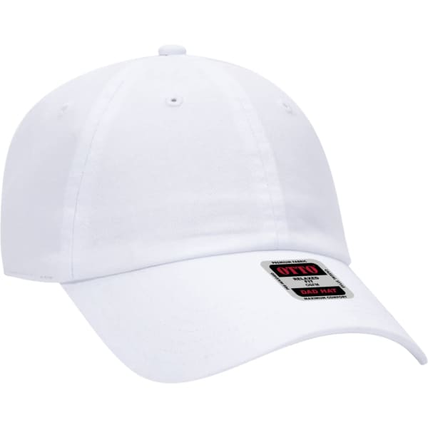 A white 6 panel dad hat featuring a curved brim and a logo on the front.