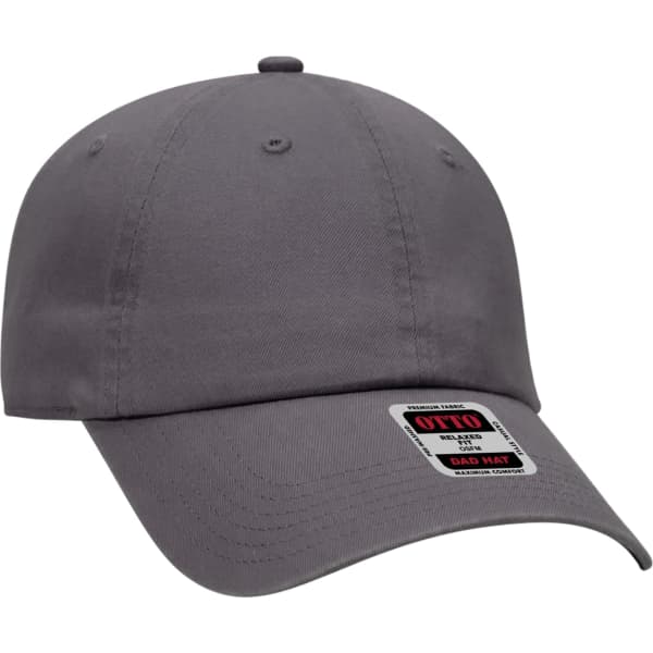A grey 6-panel dad hat with a curved brim and a logo tag on the side.