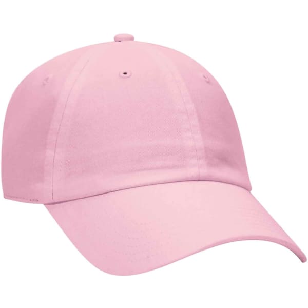 A pink 6-panel dad hat with a curved brim and ventilation holes, featuring a logo.