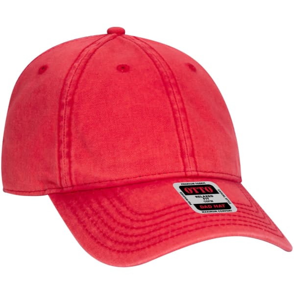 A red six panel dad hat with a curved brim and an adjustable strap. It features a logo on the side.