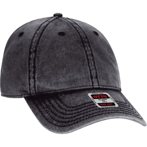 A grey 6-panel dad hat with stitching details and a logo on the tag. Suitable for casual headwear.