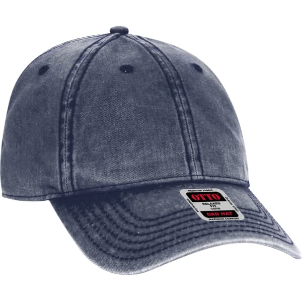 A navy blue 6 panel dad hat with a curved brim, featuring a logo on the front.
