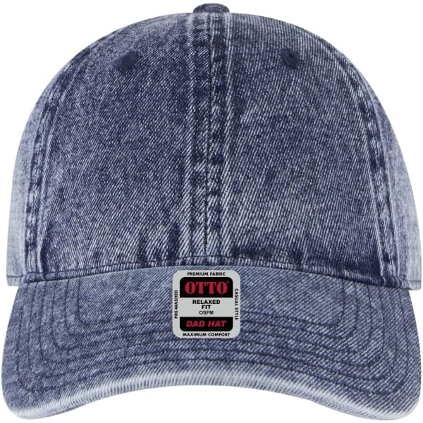 A denim 6 Panel Low Profile Dad Cap featuring a branded label on the front.