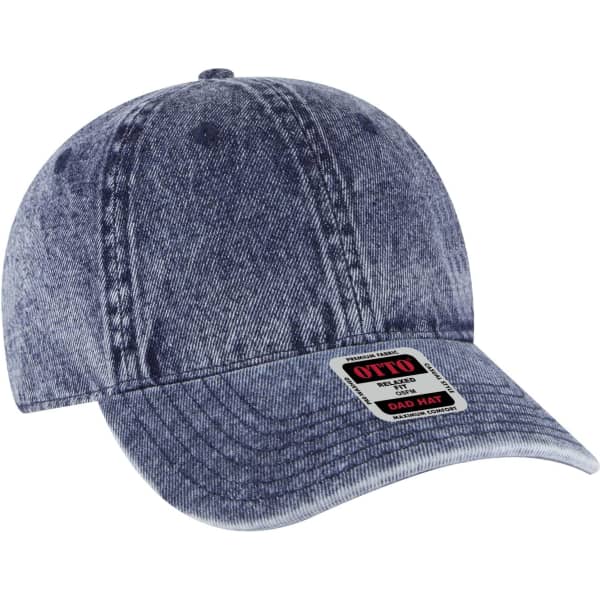 A denim blue 6-panel low profile dad cap with a branded logo on the front.