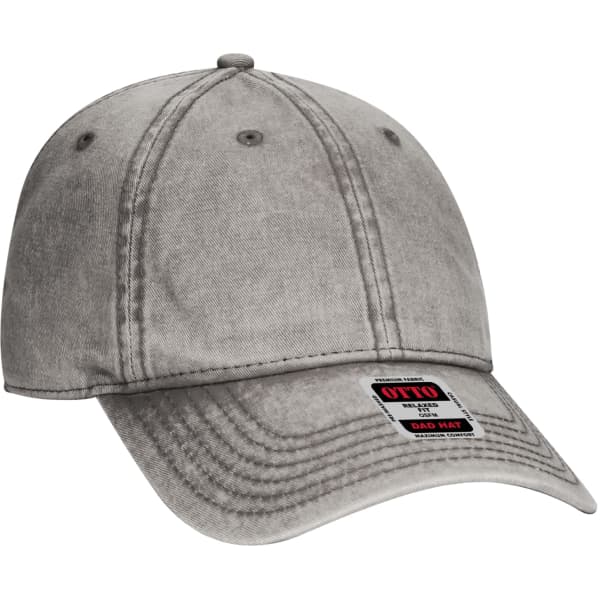 A grey 6-panel dad hat with a curved brim and a logo tag on the side.