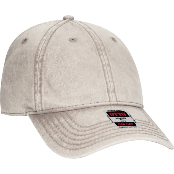 A light grey 6 Panel Dad Hat with a curved brim and a logo on the side. The fabric appears textured.