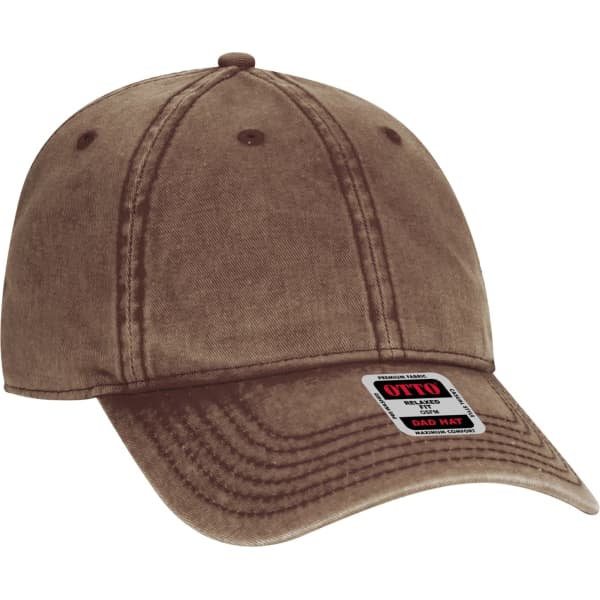 A brown six-panel dad hat with a curved brim and a logo on the side.
