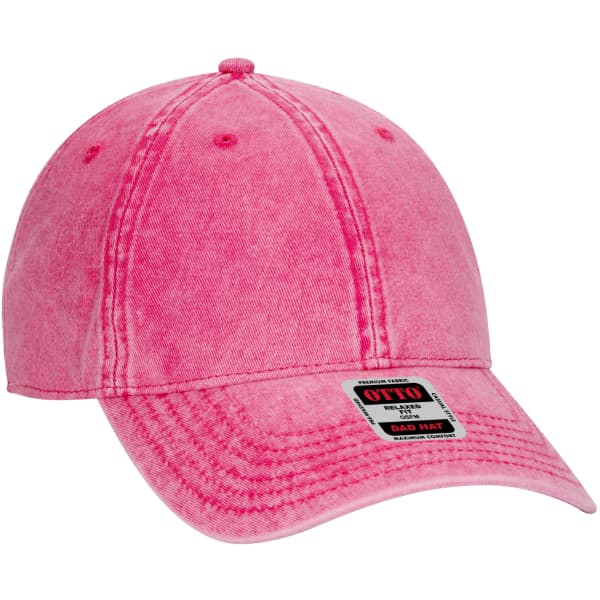 A pink 6 panel dad hat featuring a logo, crafted from denim material.