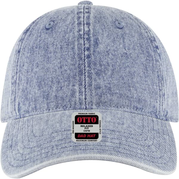 A light blue denim 6-panel low profile dad cap with a logo and a curved brim.