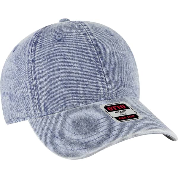 A light blue denim-style 6 panel low profile dad cap with a logo and a curved brim.
