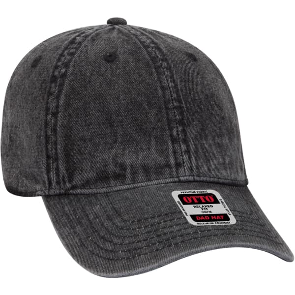 A grey 6 panel dad hat featuring a curved brim and a logo tag on the side.