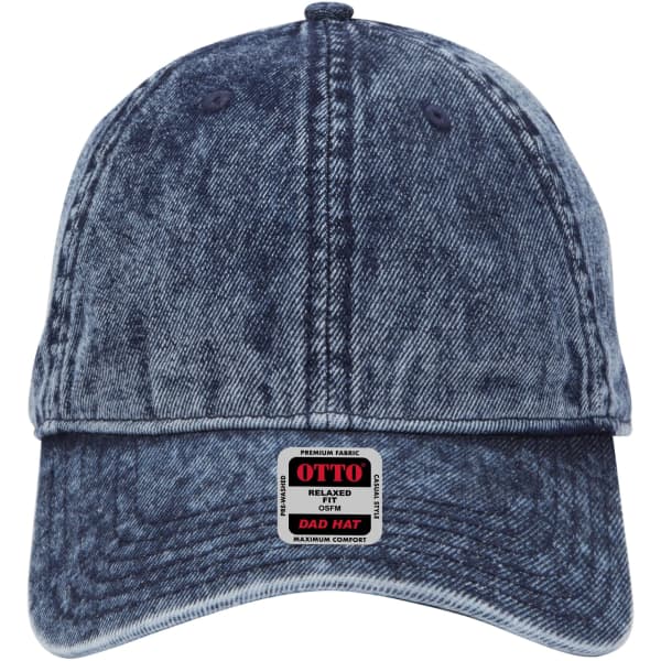A denim blue 6-panel low profile dad cap featuring a logo on the front.