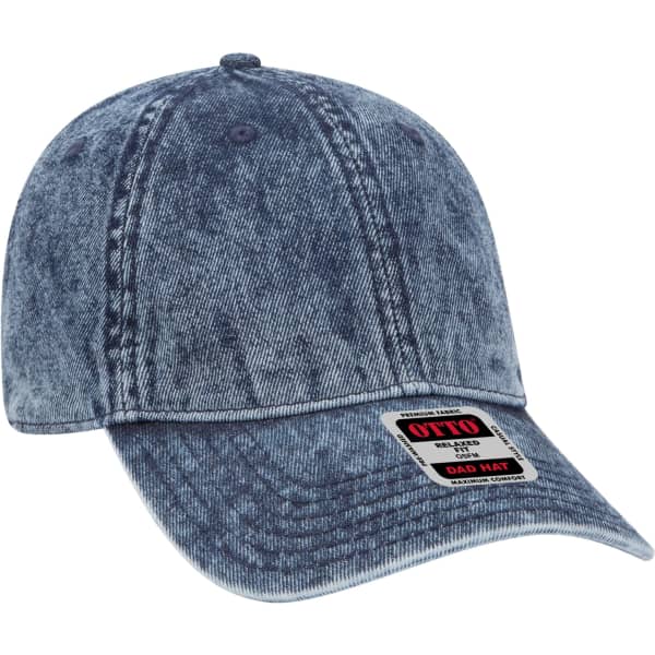 A denim-patterned 6 Panel Dad Hat in shades of blue, featuring a logo on the front.