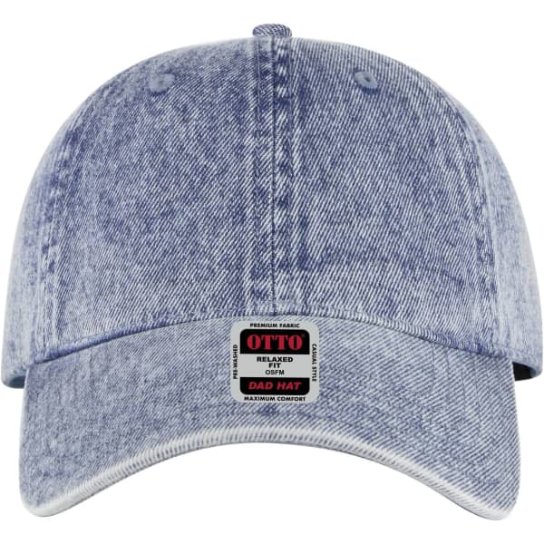 A light denim blue six-panel low profile dad cap with an adjustable strap and a logo label on the front.