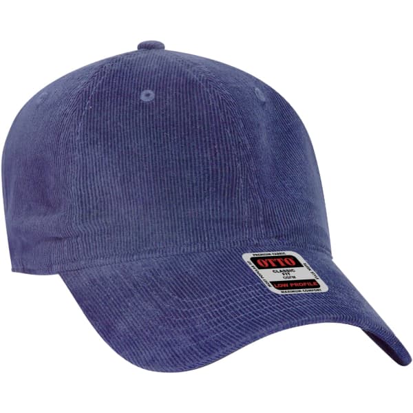A corduroy blue baseball cap with a curved brim and a branded tag on the front.